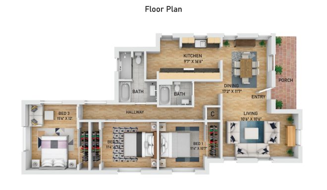 Floor plan showcasing a modern layout with living, dining, and bedroom areas.