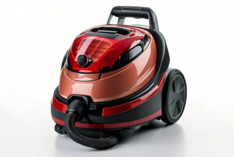 A sleek red and black canister vacuum cleaner with a retractable hose.