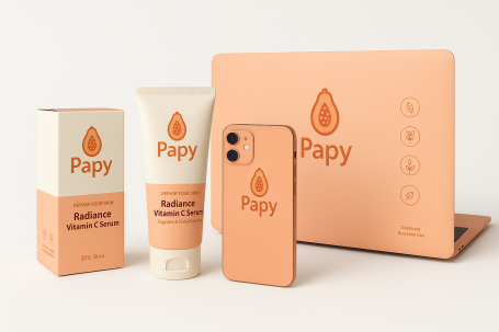 Four peach-colored items featuring the "Papy" brand logo: a phone, a laptop, and two skincare products.