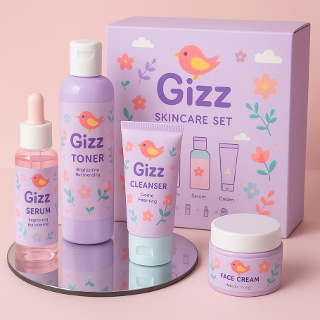 Lavender skincare set featuring toner, cleanser, serum, and face cream in floral packaging.
