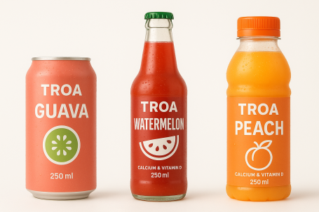 Three bottles and cans of TROA flavored drinks: guava, watermelon, and peach.