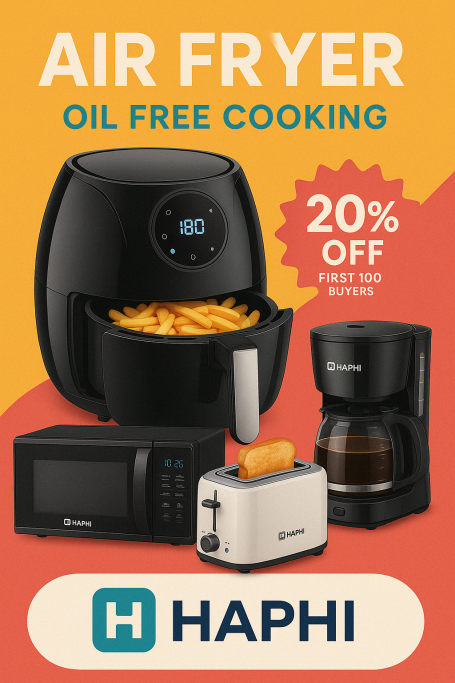 Air fryer and kitchen appliances with a 20% off promotion on oil-free cooking.