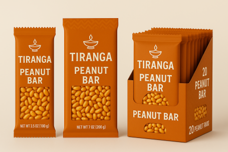 Packaging for Tiranga Peanut Bar featuring orange colors and peanut graphics.