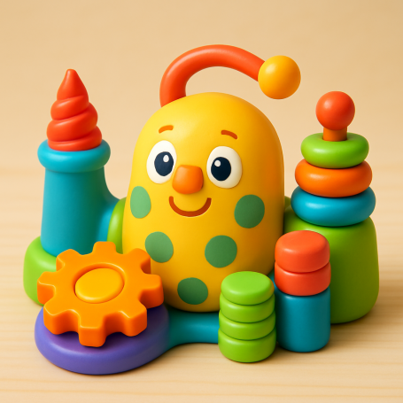 Colorful stacking toy with a smiling face, gears, and various shapes.