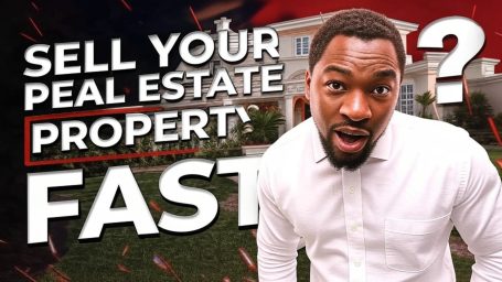 Man in a white shirt, surprised expression, with a house in the background and text about selling property.