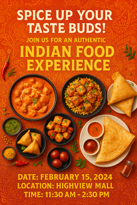 Colorful Indian dishes including samosas, curry, and rice on a vibrant background.